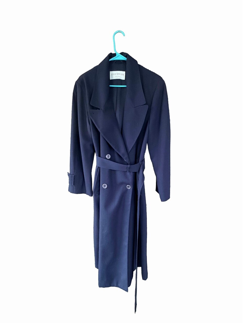 90s Jones New York Petite Navy Wool Belted Trench Coat Midi Double Breasted